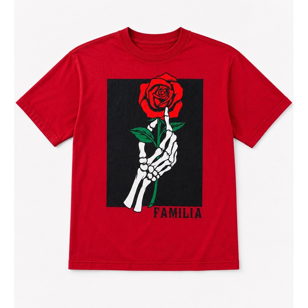 Mad Engine Red Skeleton Hand Holding Rose Familia Graphic Tee Shirt Medium